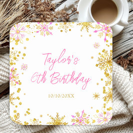 Rosa och Guld Snöflingor Födelsedagsfest Underlägg Papper Kvadrat