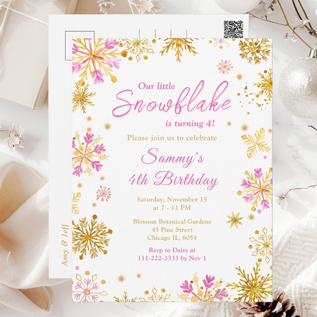 Rosa och guld snöflingor födelsedagsfest vykort (Skapare uppladdad)