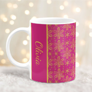 Rosa och Guld Snöflingor Mugg jul med Namn