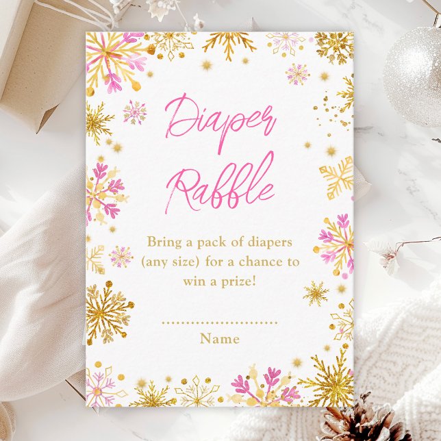 Rosa och Guld Snöflingor Vinter Blöja Lotteri Tilläggskort (Skapare uppladdad)