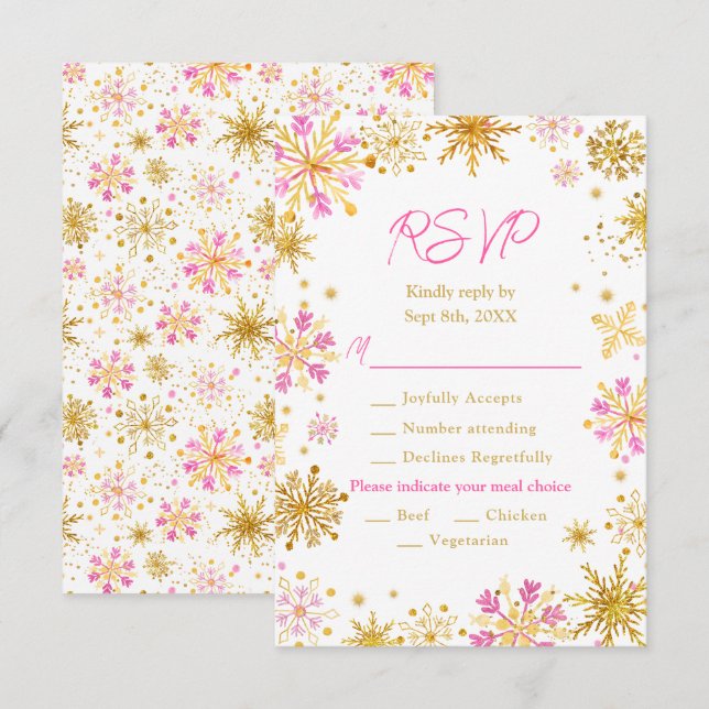 Rosa och Guld Snöflingor Vinter Måltidsval OSA Kort (Fram/baksida)