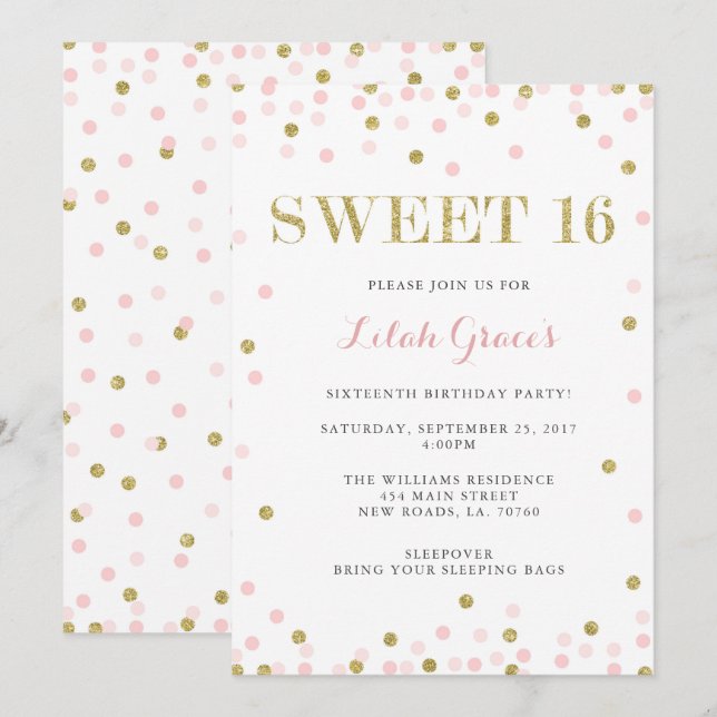Rosa och guld- sötsak 16 födelsedaginbjudningar inbjudningar (Fram/baksida)