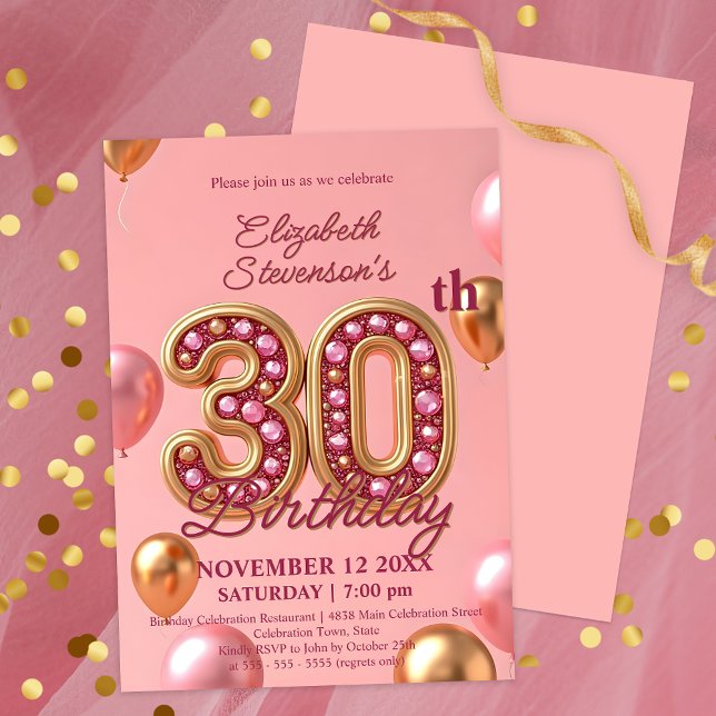 Rosa och Guld Sparkling Gemstones 30års födelsedag Inbjudningar (Skapare uppladdad)