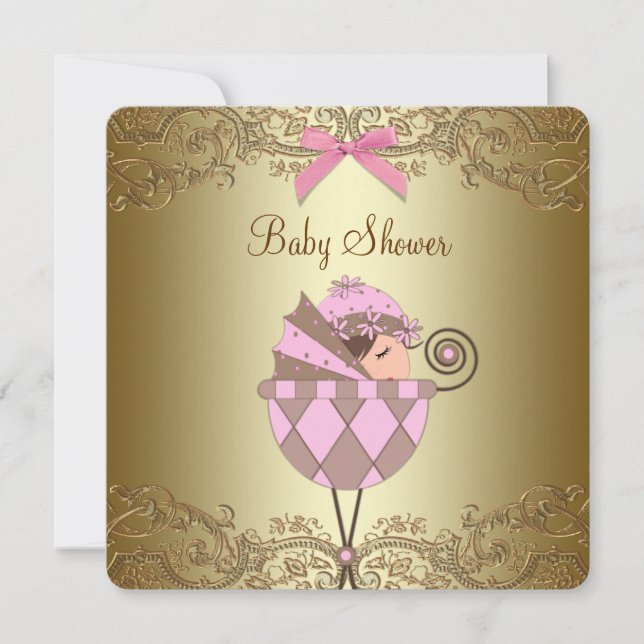 Rosa och guld spetsflicka baby shower inbjudningar (Framsida)