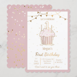 Rosa och Guld Stars 1:a födelsedagsinbjudan Inbjudningar