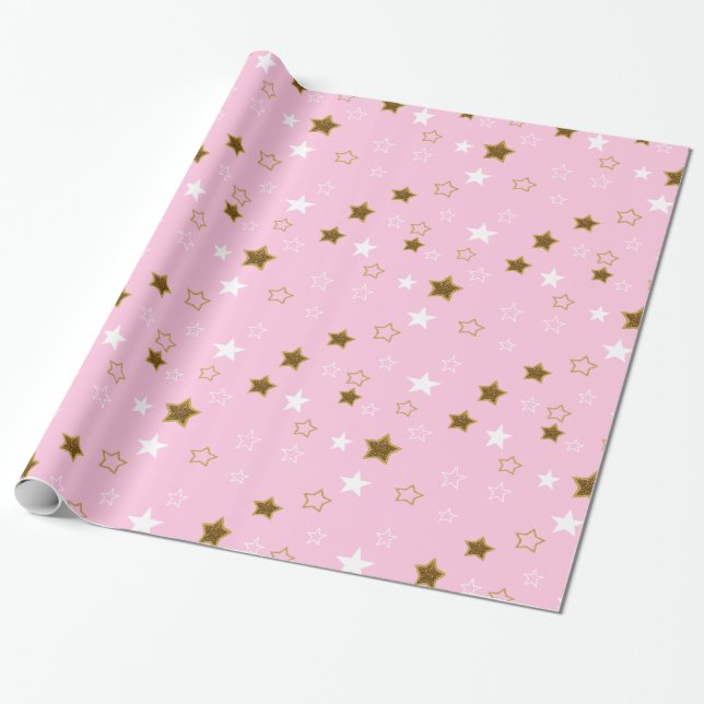 Rosa och Guld Stars Gift Wrap Presentpapper (Utrullad)