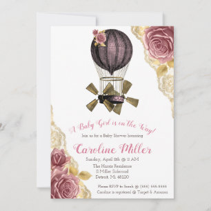 Rosa och Guld Steampunk Luftballong Shower Inbjudningar