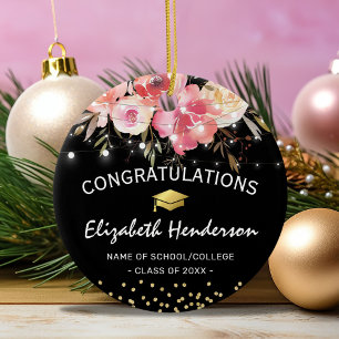 Rosa och Guld Studentmössa Julgransprydnad Keramik