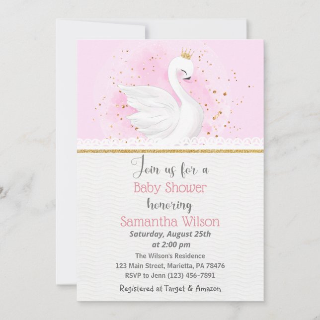 Rosa och Guld Svan Princess Baby Baby Shower bjuda Inbjudningar (Framsida)