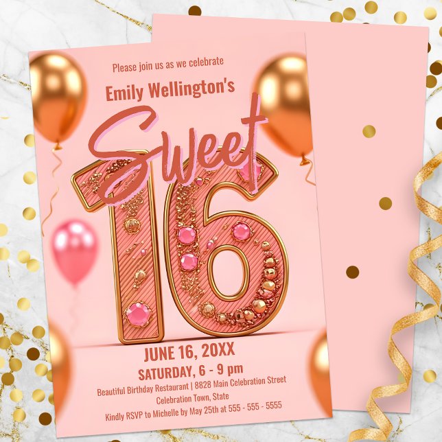 Rosa och Guld Sweet 16 Firande Inbjudningar (Skapare uppladdad)