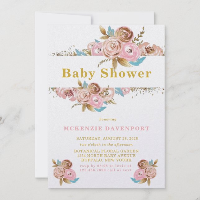  Rosa och Guld Teal Peony Baby Shower Inbjudningar (Framsida)