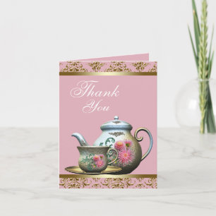 Rosa och Guld Tekanna och Tea Kopp tackkort