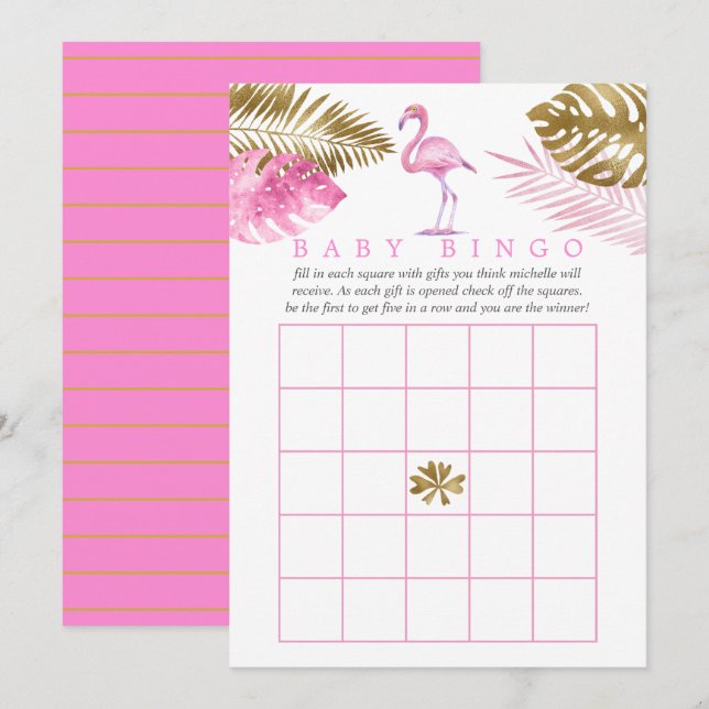 Rosa och Guld Tropical Flamingo Baby Shower Bingo Inbjudningar (Fram/baksida)