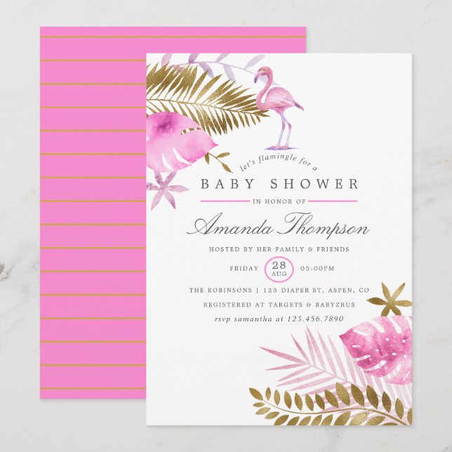 Rosa och Guld Tropical Flamingo Girl Baby Shower Inbjudningar (Fram/baksida)