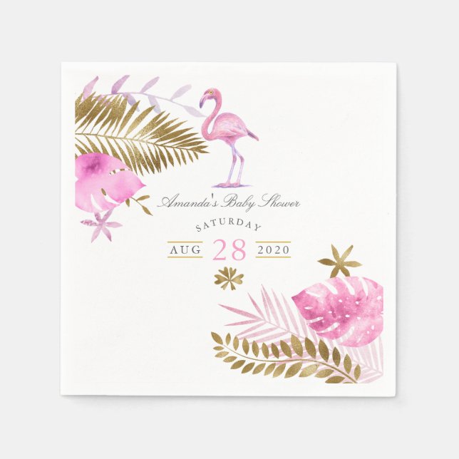 Rosa och Guld Tropical Flamingo Girl Baby Shower Pappersservett (Framsidan)