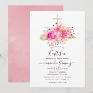 Rosa och Guld tropisk Blommigt Baptism Inbjudningar