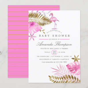 Rosa och guld tropisk flamingo flicka baby shower inbjudningar