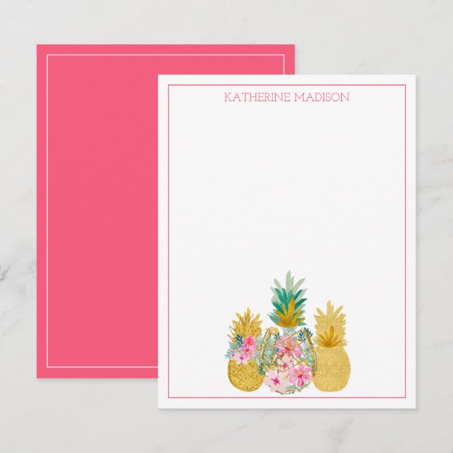 Rosa och Guld Tropiska Blommigten Ananas Anteckningskort (Fram/baksida)