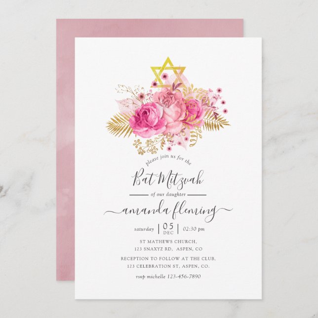 Rosa och Guld Tropiska Blommigten Bat mitzvah Inbjudningar (Fram/baksida)