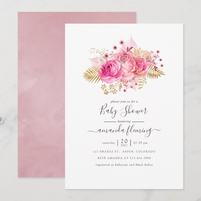 Rosa och guld tropiskt blomsterbabyfirande inbjudningar (Fram/baksida)
