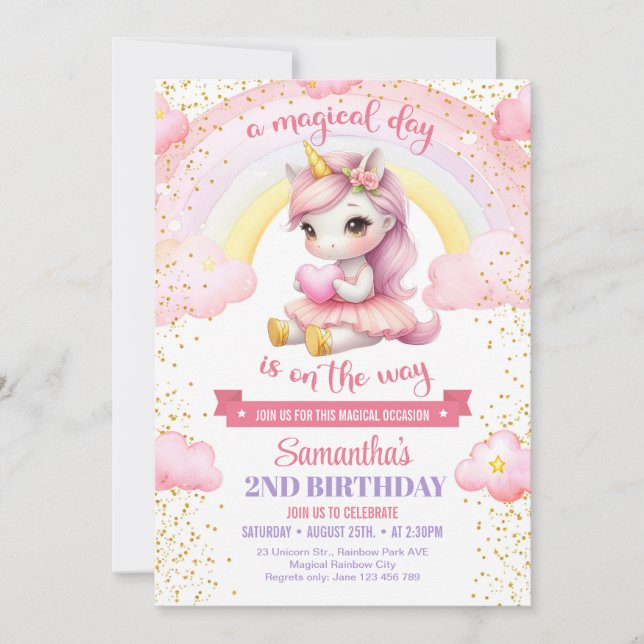 Rosa och guld tutu-enhörning med hjärta 1:a födels inbjudningar (Framsida)