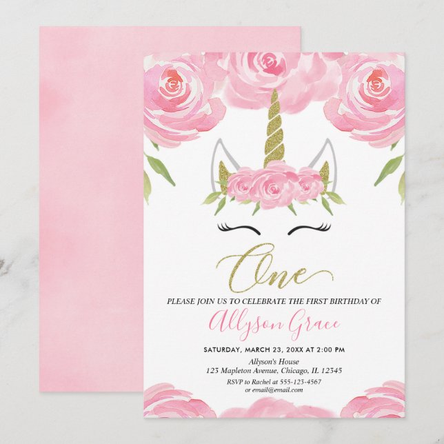 rosa och guld Unicorn 1:a födelsedag Inbjudningar (Fram/baksida)