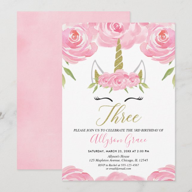 rosa och guld Unicorn 3:e födelsedag Inbjudningar (Fram/baksida)