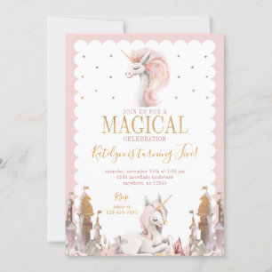 Rosa och Guld Unicorn Birthday bjudande Magic Inbjudningar