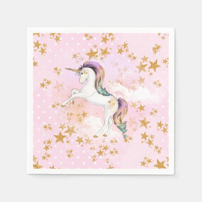 Rosa och Guld Unicorn Födelsedagsfest Napkins Pappersservett (Framsidan)