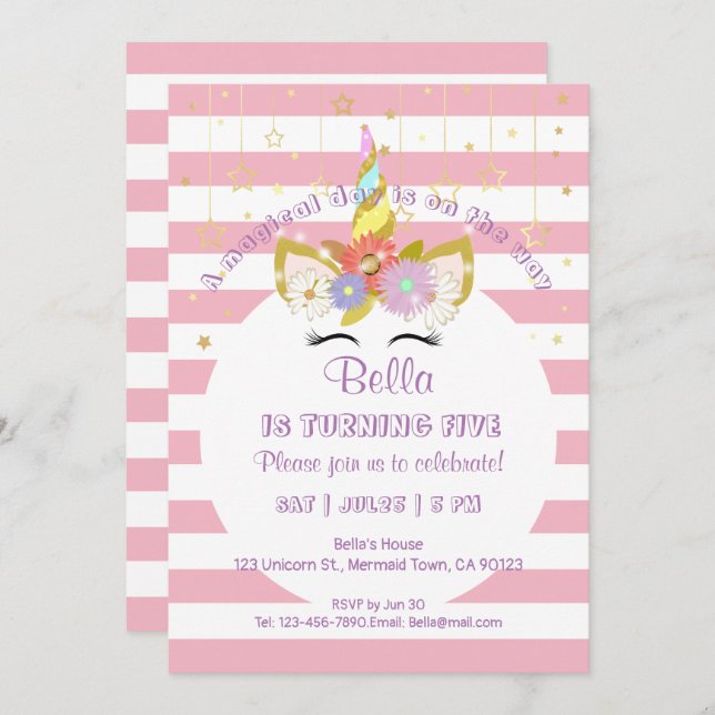 Rosa och Guld Unicorn Födelsedagskort Inbjudningar (Fram/baksida)
