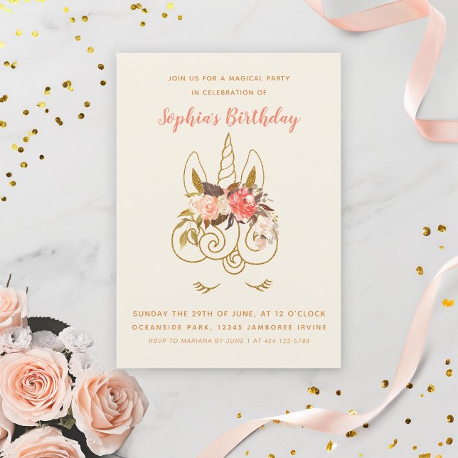 Rosa och Guld Unicorn Girls Birthday Inbjudningar (Skapare uppladdad)