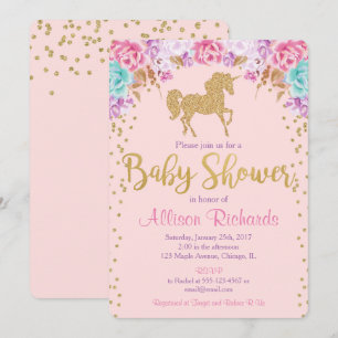 Rosa och guld Unicorns inbjudan till babydusch