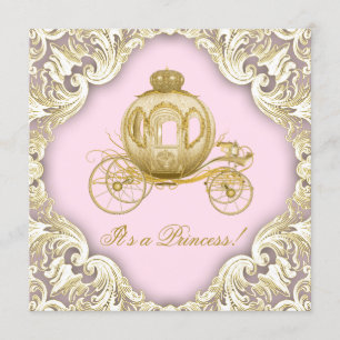 Rosa och guld vagn Royal Princess baby shower Inbjudningar