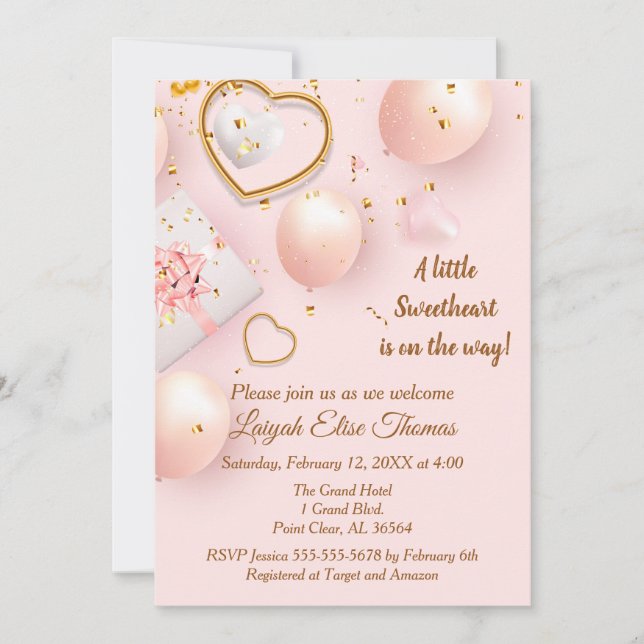 Rosa och Guld Valentine Baby Shower Inbjudningar (Framsida)