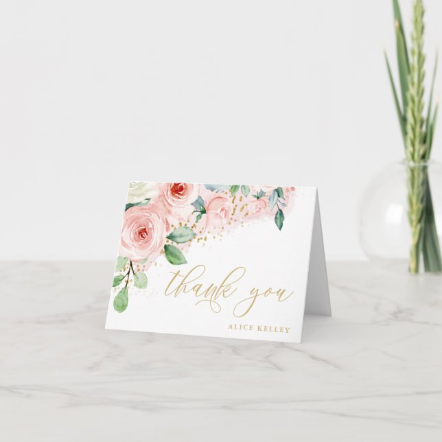 Rosa och guld vattenfärg Blommig Personlig Tack Kort (Framsida)