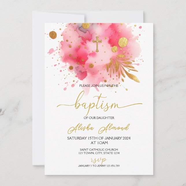 Rosa och Guld Vattenfärg Dop Inbjudningar (Framsida)