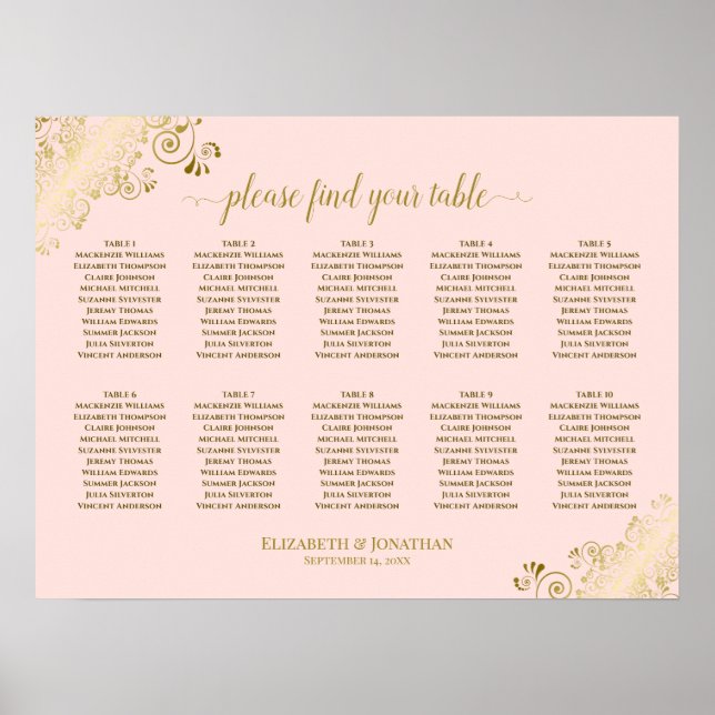  Rosa och Guld vid 10 Bord Bröllop Poster (Framsidan)