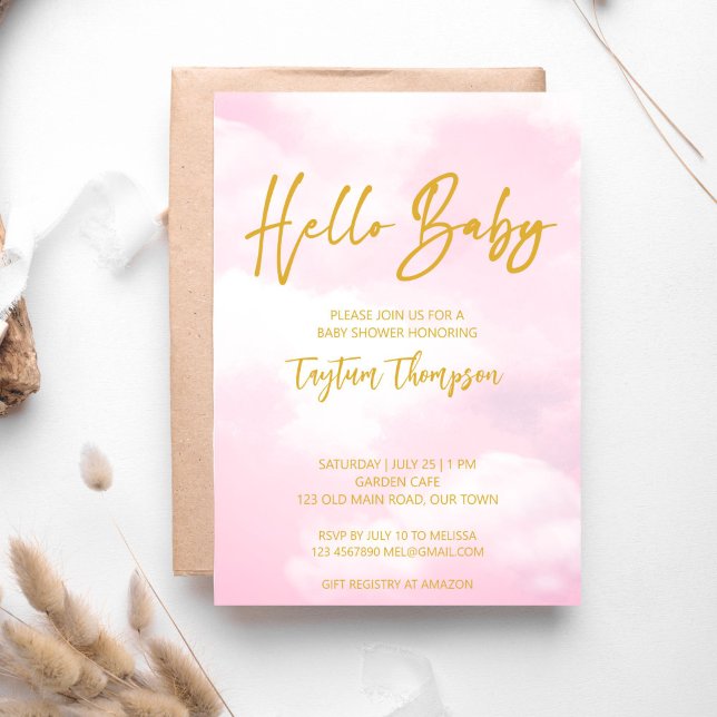 Rosa och guld vid Cloud babydusch Inbjudningar (Cloud baby shower pink and gold hello baby invitation template instant download)