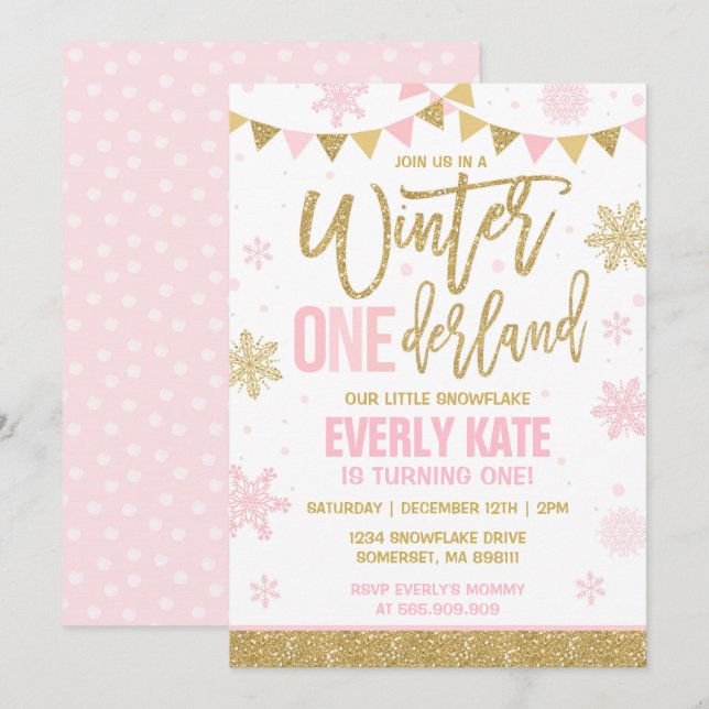 Rosa och Guld vid Winter ONEderland Birthday-inbju Inbjudningar (Fram/baksida)