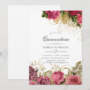 Rosa och guld Vintage Blommig Quinceañera Inbjudningar