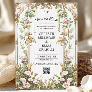 Rosa och Guld Vintage Blommigt Ram Spara datum Inbjudningar