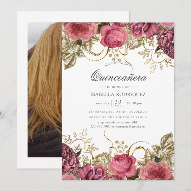 Rosa och guld vintage blomster quinceañera foto inbjudningar (Fram/baksida)
