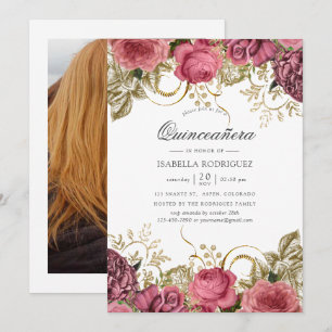 Rosa och guld vintage blomster quinceañera foto inbjudningar
