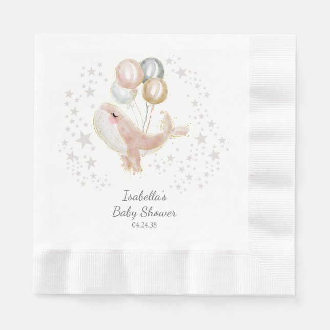 Rosa och Guld Watercolor Cute Whale Baby Shower Pappersservett (Framsidan)