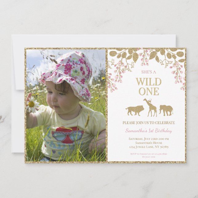 Rosa och guld Wild One 1-års födelsedagsflicka fot Inbjudningar (Framsida)