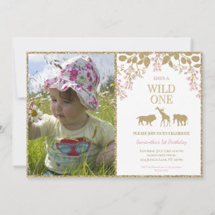 Rosa och guld Wild One 1-års födelsedagsflicka fot Inbjudningar