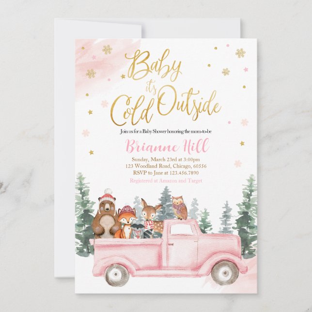 Rosa och Guld Winter Woodland Baby Shower Inbjudningar (Framsida)