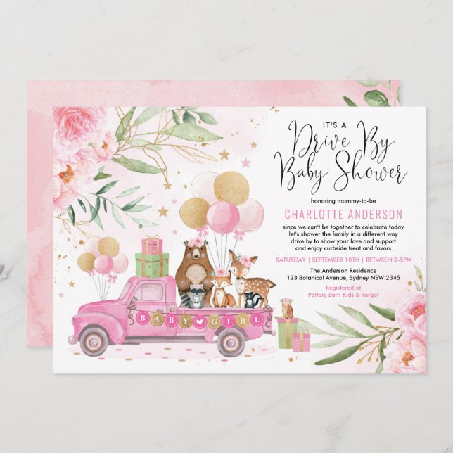 Rosa och Guld Woodland Drive through Baby Shower Inbjudningar (Fram/baksida)