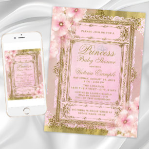 Rosa och guldblomma Princess Baby Shower Inbjudningar