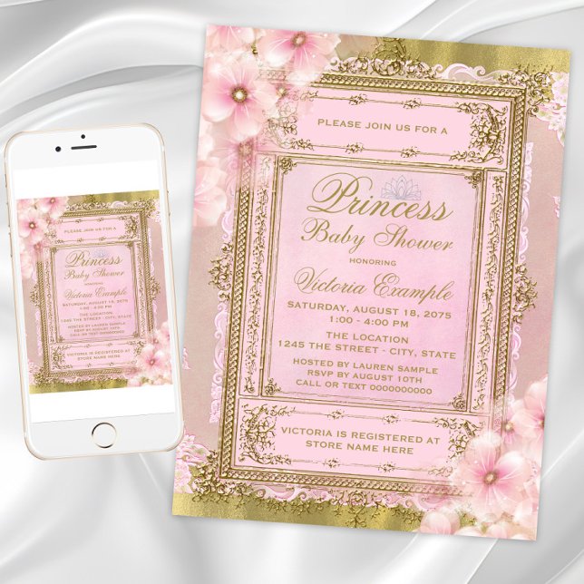 Rosa och guldblomma Princess Baby Shower Inbjudningar (Pink Gold Princess Baby Shower Invitation. Instant download and printed invitations available.)